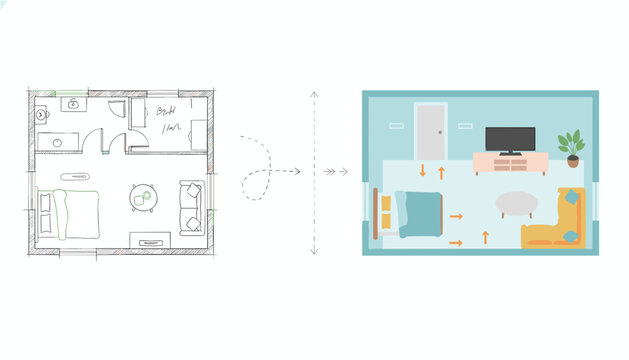 Architectural floor plan transition into a modern colorful interior living room design with furniture and TV.