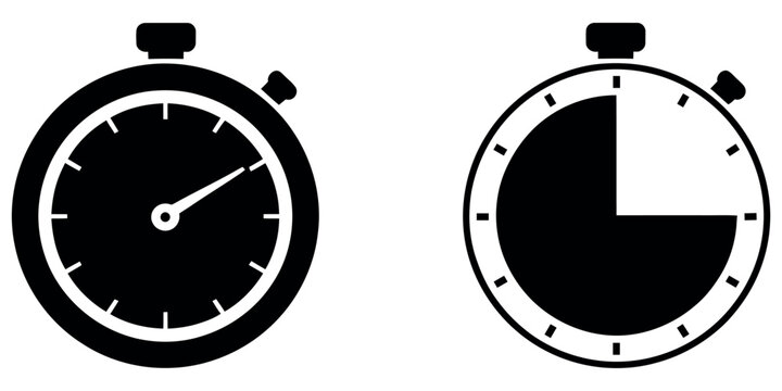 Set of black stopwatch icons for time management, countdown, and deadline concepts on white.