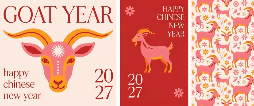 Goat year happy chinese new year 2027 celebration cards and pattern vector set