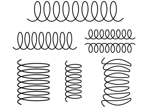 Set of black hand drawn spiral spring and coil shapes on isolated white background.