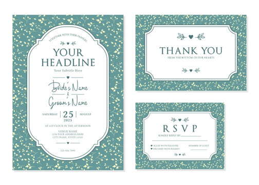 Teal Delicate Floral Botanical Wedding Invitation Suite Vector Template

