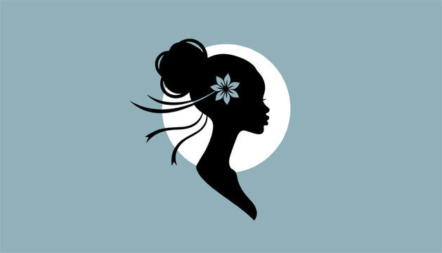 Beautiful silhouette of a woman profile with a nice hair bun and flower against a white circular moon background.