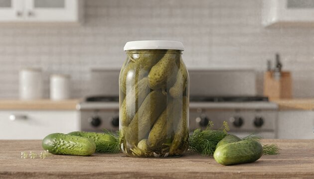 Pickled gherkins in a glass jar on a sunlit farmhouse kitchen counter