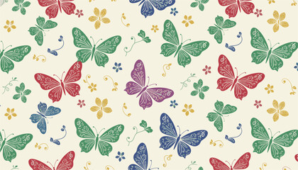 Fototapeta premium Beautiful seamless pattern with colorful hand drawn butterflies and small flowers on a light cream background.