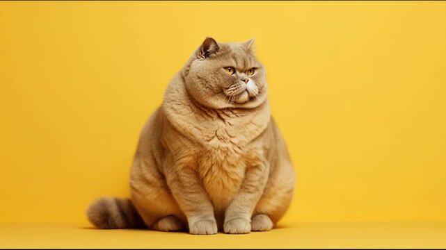 Cat sitting on a yellow background with a calm expression and fluffy fur