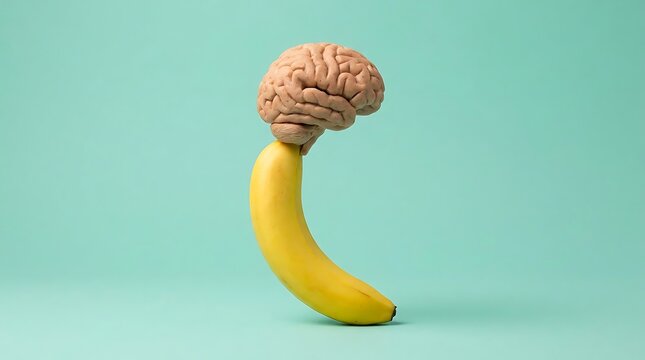 Human brain model balancing on a yellow banana against a light green background