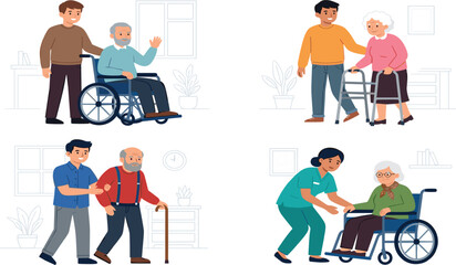 Fototapeta premium Elderly care concept, caregivers helping senior people in wheelchairs and walking with assistance