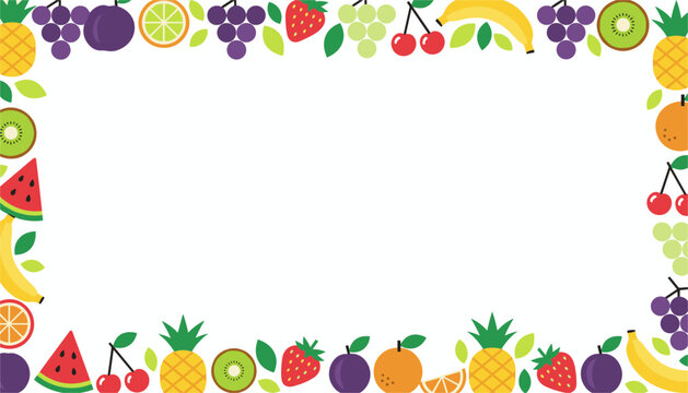 Colorful rectangular border frame composed of delicious fresh summer fruits on a clean white background.