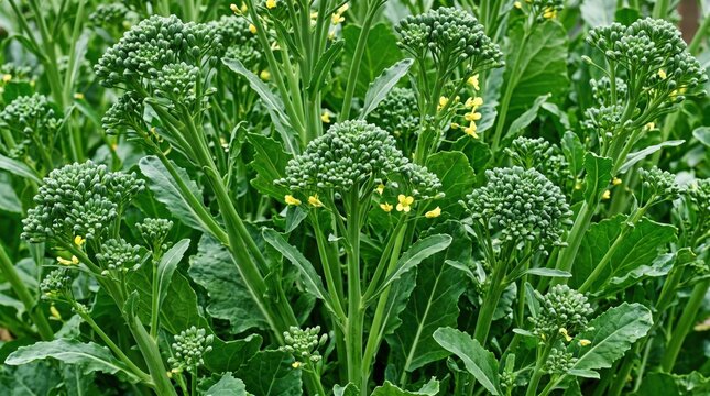 Close-up of vibrant green broccoli rabe plants growing in a field, featuring textured florets, long stalks, broad leaves, and small yellow flowers blooming among the foliage