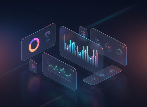 Modern isometric glassmorphism UI dashboard with glowing colorful data visualization charts