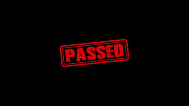 Passed rubber stamp animation. Passed Stamp textured bold text motion. Up to down stamp zooming and hit effect 4k video.