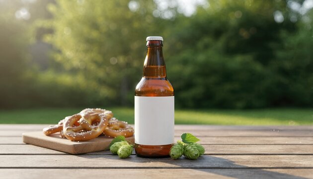 Premium amber beer bottle with a white label on a sunlit picnic table with artisanal snacks