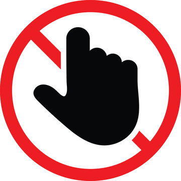 Do not touch prohibition icon set. No touching hand finger tap ban symbol. Contact restriction safety warning system. Solid filled hand inside red prohibition circle frame