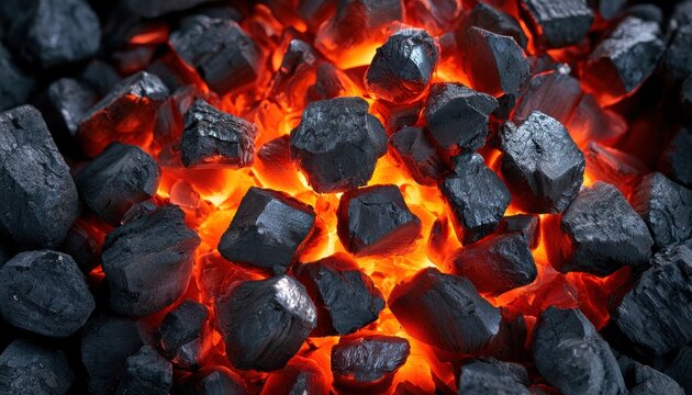Glowing hot charcoal briquettes burn intensely with vibrant orange flames. This image depicts heat and energy concepts for grilling or industrial fuel background.