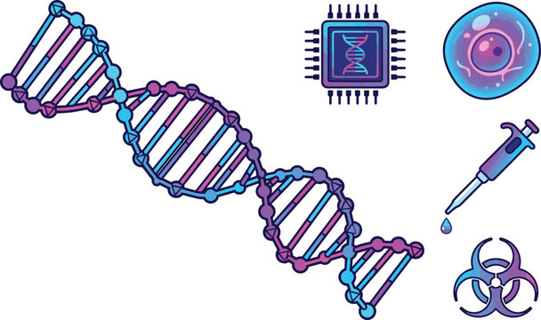 Biotechnology and Genetic Engineering Vector Element Set with DNA Helix Biochip Cell Pipette and Biohazard Sign Icons for Futuristic Lab Science Designs