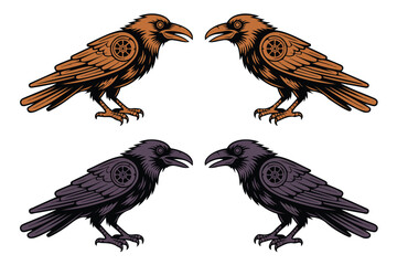Naklejka premium set of Cybernetic Raven Machine Bird Vector Illustration Isolated on White Background
