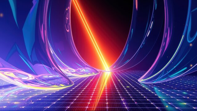 Vibrant abstract tunnel. Glowing lines converge toward bright center. Dark background emphasizes neon colors, creating futuristic feel.