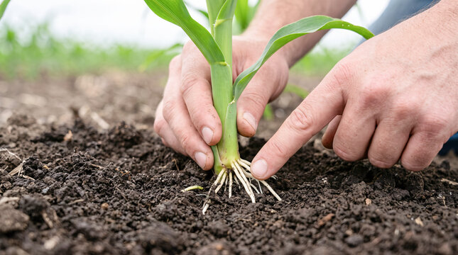 Closeup of farmer inspecting young corn crop root system in fertile dark field soil for ESG sustainability