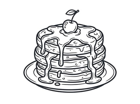 Stack of pancakes with syrup and cherry on a plate