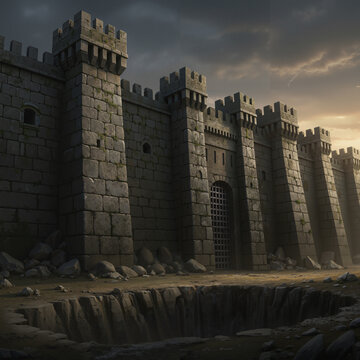 Ancient castle wall with stone texture and dramatic sky, landscape view