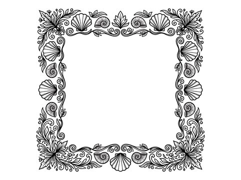 Elegant ornate frame with seashell and floral design in black and white