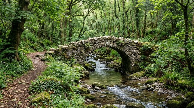 Ancient stone arch bridge over a small mountain river in a dense green woodland forest with a winding hiking trail.