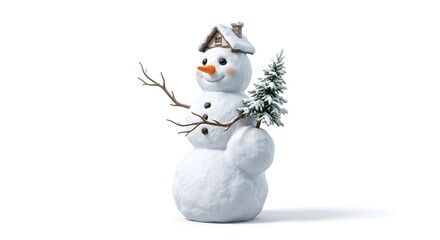 Obraz premium Whimsical 3D render of a snowman with a cottage hat and pine tree isolated on white background
