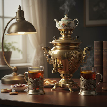 Vintage samovar with steaming tea and cookies on a wooden table in cozy indoor setting