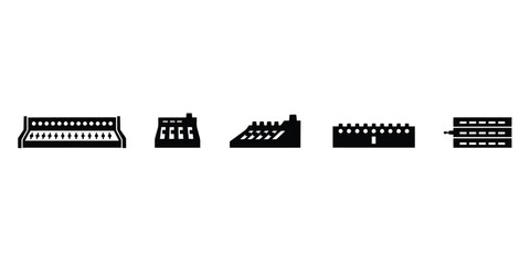 Fototapeta premium Collection of five black silhouette showing various audio mixing consoles and sound control equipment for music production and recording