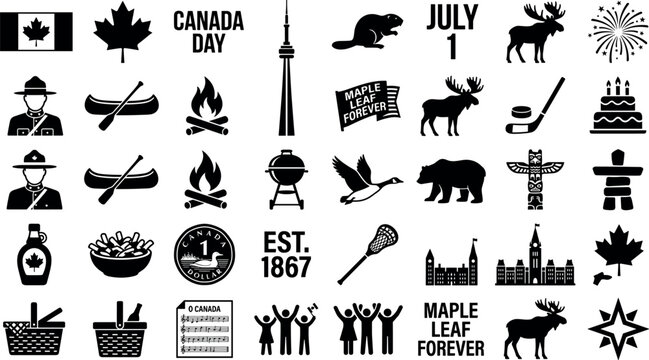 Canada Day national symbols black silhouette vector icons set with flag maple leaf moose mountie and hockey elements illustration