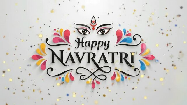 Happy Navratri greeting with Goddess Durga eyes and colorful floral decorations on a white background