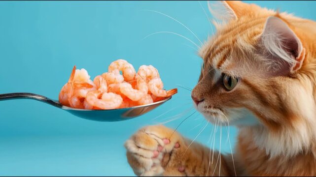 Cat enjoys shrimp on a spoon in a blue background