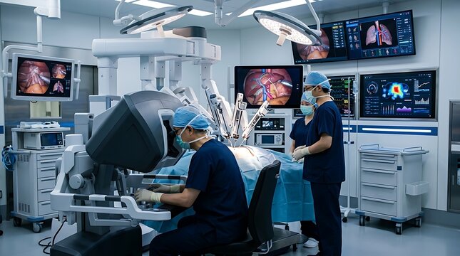 Surgeons performing a robotic surgery using a modern medical robot system in a high tech hospital operating room with digital screens and advanced surgical equipment
