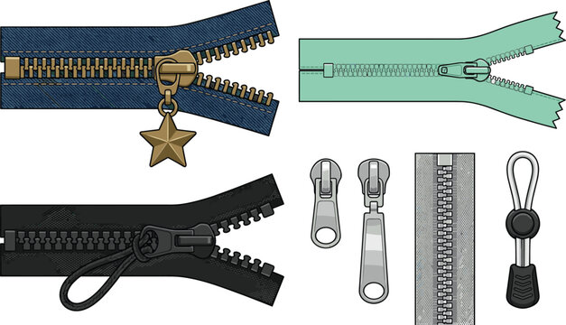 Garment accessories clothing zippers vector elements set featuring metal plastic denim teeth closed open zipper tapes pull tab sliders and cord toggles