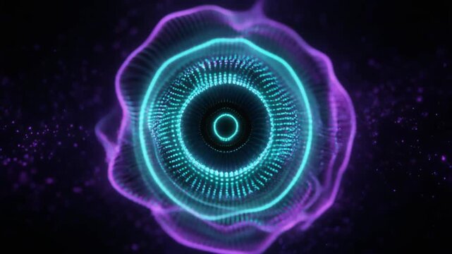 A luminous spherical core emits rhythmic concentric energy pulses expanding into darkness as tiny particles respond to each wave &mdash; electric cyan and violet form a mandala-like cinematic design.