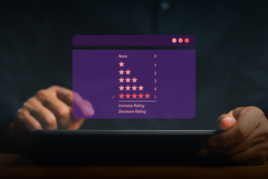 Customer using tablet for service evaluation. Hand touching digital interface to give a five star review and high quality rating. Excellent experience and satisfaction feedback.