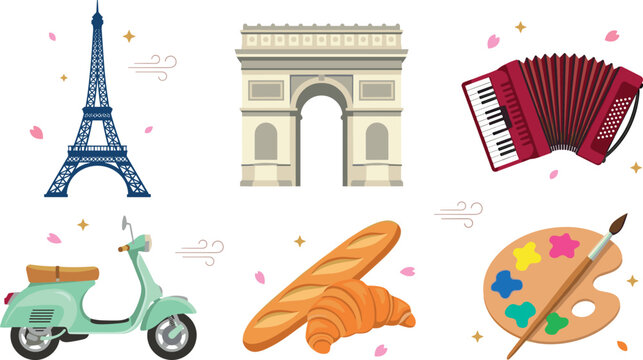 Paris France Culture and Landmark Icon Set with Eiffel Tower Arc de Triomphe Accordion Scooter Baguette Croissant and Art Palette Vector Illustration
