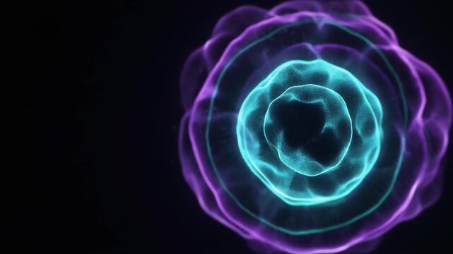 A luminous spherical core emits rhythmic concentric energy pulses expanding into darkness as tiny particles respond to each wave &mdash; electric cyan and violet form a mandala-like cinematic design.