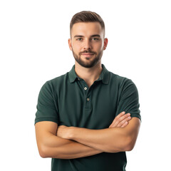 Obraz premium Young man in green polo shirt standing with arms crossed isolated on transparent background