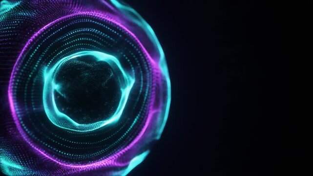 A luminous spherical core emits rhythmic concentric energy pulses expanding into darkness as tiny particles respond to each wave &mdash; electric cyan and violet form a mandala-like cinematic design.