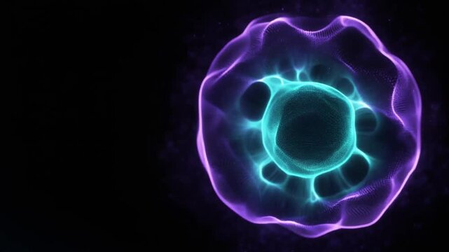 A luminous spherical core emits rhythmic concentric energy pulses expanding into darkness as tiny particles respond to each wave &mdash; electric cyan and violet form a mandala-like cinematic design.