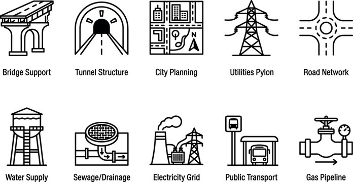 Civil engineering infrastructure and city planning line icon set featuring bridge tunnel grid road sewage and utility graphics for construction industry dashboard interface