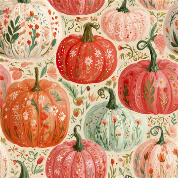 Colorful floral pumpkin seamless pattern with hand painted flowers and leaves in warm autumn tones