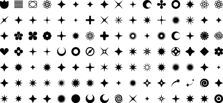 Minimalist Brutalist Sparkle Star and Geometric Shape Silhouette Vector Icon Set for Retro Y2K Graphic Designs Patterns Branding and UI Elements