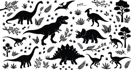 Dinosaur silhouettes collection featuring tyrannosaurus triceratops stegosaurus and jurassic plants vector elements for kids pattern design © MSTACCHMA
