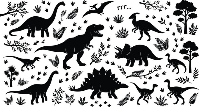 Dinosaur silhouettes collection featuring tyrannosaurus triceratops stegosaurus and jurassic plants vector elements for kids pattern design