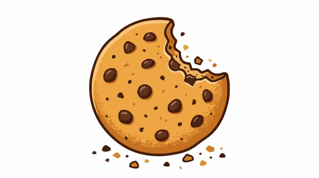 Bite cookie vector illustration. Round chocolate chip cookie with visible bite mark and crumbs, simple modern style isolated on white background.