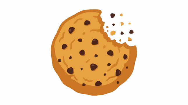 Bite cookie vector illustration. Round chocolate chip cookie with visible bite mark and crumbs, simple modern style isolated on white background.