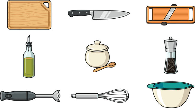 Kitchen Cooking Utensils and Food Preparation Vector Icon Set Featuring Cutting Board Chef Knife Mandoline Slicer Immersion Blender Whisk and Mixing Bowl