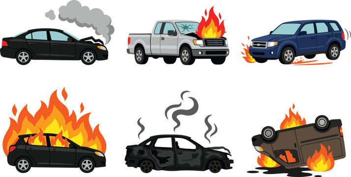 Car Accident and Crash Vector Set Featuring Burning Vehicles Overturned Van Smoking Engine Fire Explosion and Broken Glass for Insurance Designs